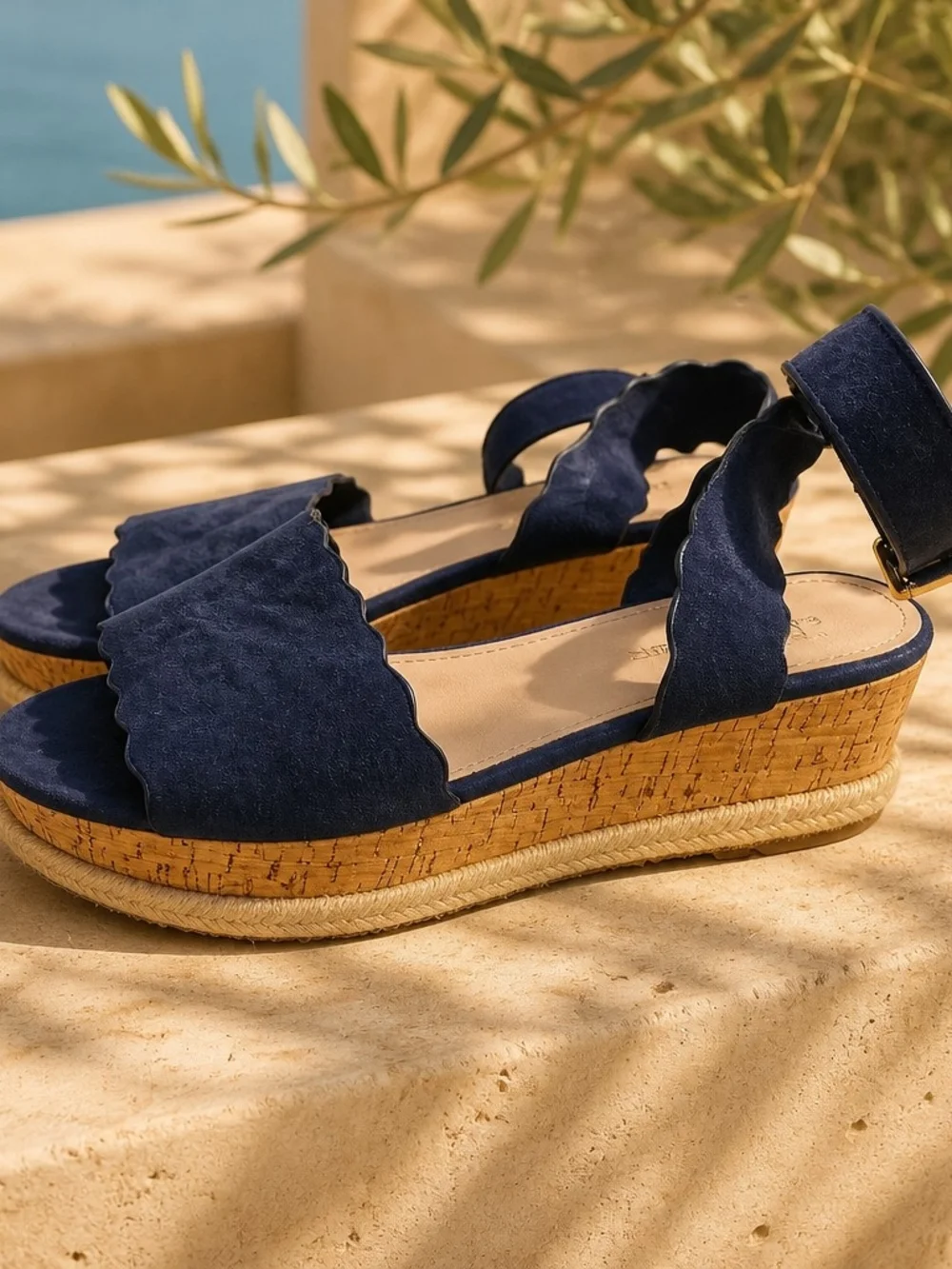 Marc Fisher Navy Scalloped Suede Cork Espadrille Wedges